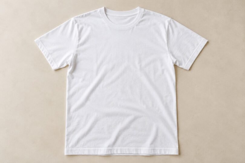 Illustrative blank adult white crewneck T-shirt laid flat on a beige surface.