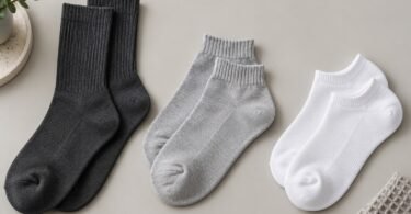 Illustrative flat lay of unbranded charcoal crew, gray quarter-height and white low-cut socks.