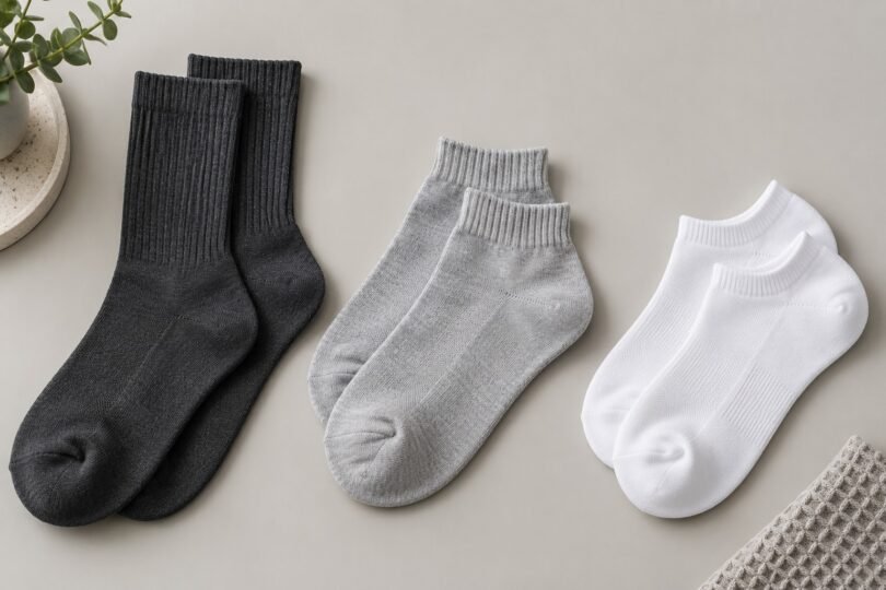 Illustrative flat lay of unbranded charcoal crew, gray quarter-height and white low-cut socks.