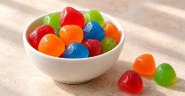 Generic red, orange, green and blue soft candies in a white bowl with three loose candies on a light tabletop.