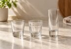 Illustration of three unbranded clear shot glasses in short, fluted and tall shapes on a pale countertop.