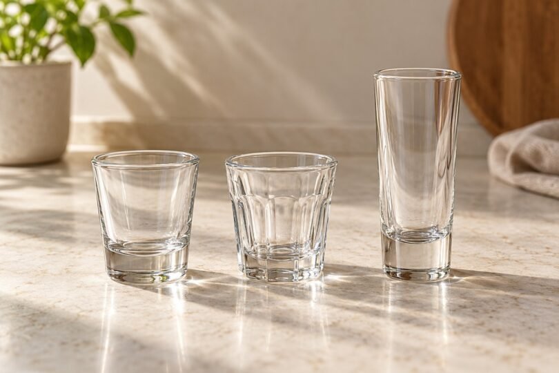 Illustration of three unbranded clear shot glasses in short, fluted and tall shapes on a pale countertop.