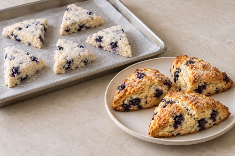 Unbaked blueberry scone portions on a parchment-lined tray beside golden baked scones on a plate