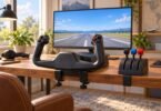 Illustration of a generic flight simulator yoke and three-lever throttle on a wooden desk in front of a runway display