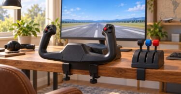 Illustration of a generic flight simulator yoke and three-lever throttle on a wooden desk in front of a runway display