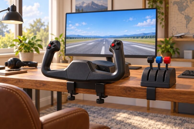 Illustration of a generic flight simulator yoke and three-lever throttle on a wooden desk in front of a runway display