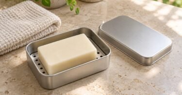 A plain soap bar on a perforated tray inside an open silver metal tin, with its lid and a folded washcloth beside it.