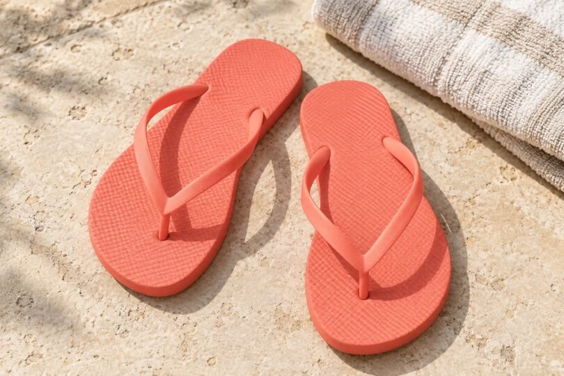 Generic coral flip-flops on pale stone beside a folded cream towel