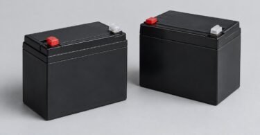 Two detached unbranded black sealed batteries with protected terminals on a gray surface