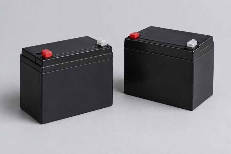 Two detached unbranded black sealed batteries with protected terminals on a gray surface