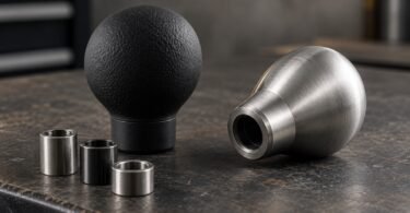 Illustration of generic manual shift knobs and adapter collars on a workshop bench