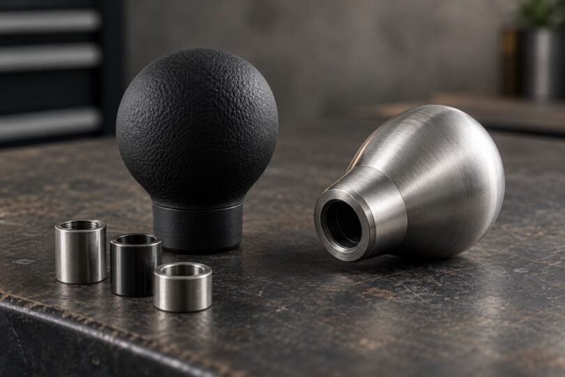 Illustration of generic manual shift knobs and adapter collars on a workshop bench