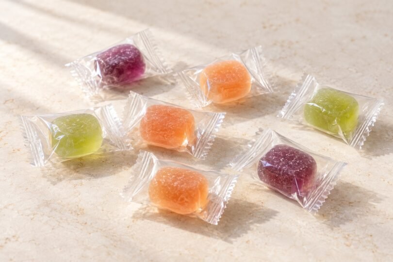 Individually wrapped purple, orange and green candies on a cream tabletop