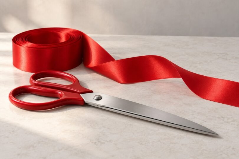Illustration of closed red-handled silver-colored scissors resting on a neutral table beside a roll of red satin ribbon