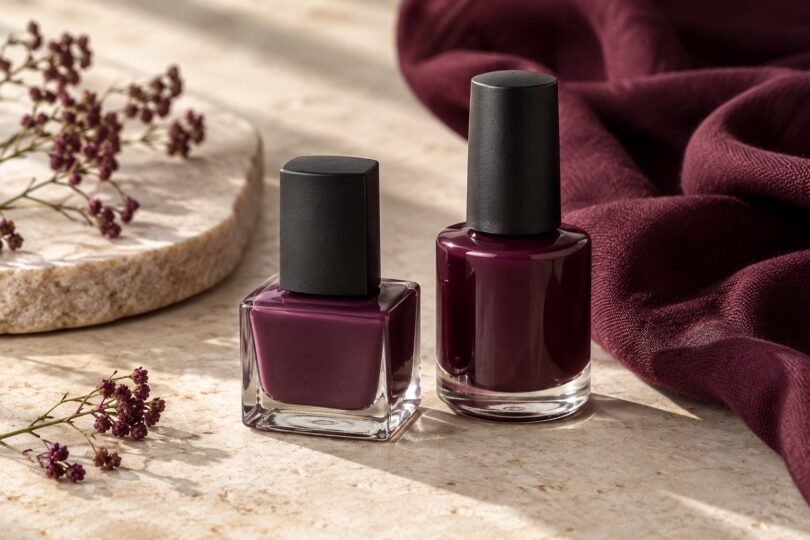 Two unbranded bottles of plum and wine-colored nail polish on pale stone beside burgundy fabric