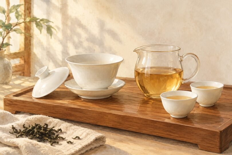 Illustration of a white porcelain gaiwan, glass pitcher and two small teacups on a wooden tray.