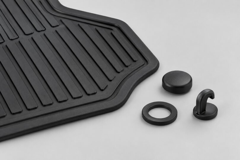 Illustration of a black rubber floor mat beside a loose cap, ring and hook-shaped retaining piece