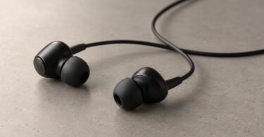 Two unbranded black wired earbuds with silicone tips and a loosely curved cable on a neutral tabletop.