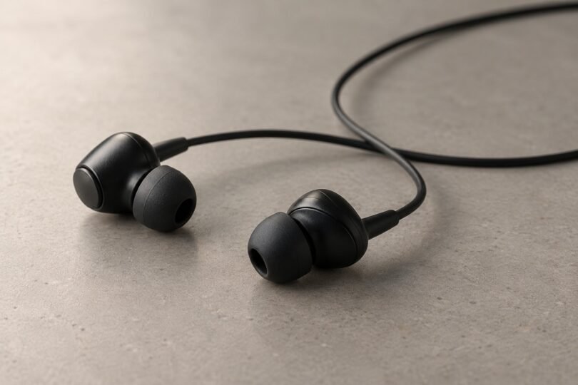 Two unbranded black wired earbuds with silicone tips and a loosely curved cable on a neutral tabletop.