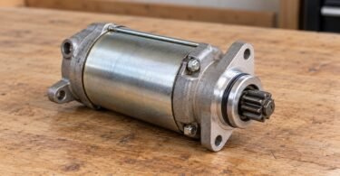 An unbranded detached small-engine starter motor with a visible pinion resting on a wooden workbench.