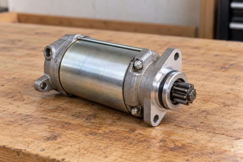 An unbranded detached small-engine starter motor with a visible pinion resting on a wooden workbench.