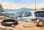 Illustration of a silver vehicle with a roof antenna beside a coiled cable and tape measure overlooking a lake.