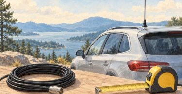 Illustration of a silver vehicle with a roof antenna beside a coiled cable and tape measure overlooking a lake.