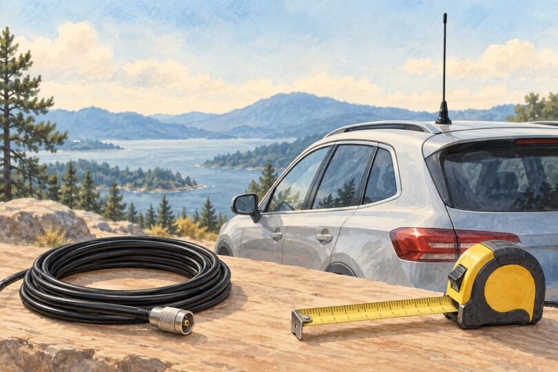 Illustration of a silver vehicle with a roof antenna beside a coiled cable and tape measure overlooking a lake.