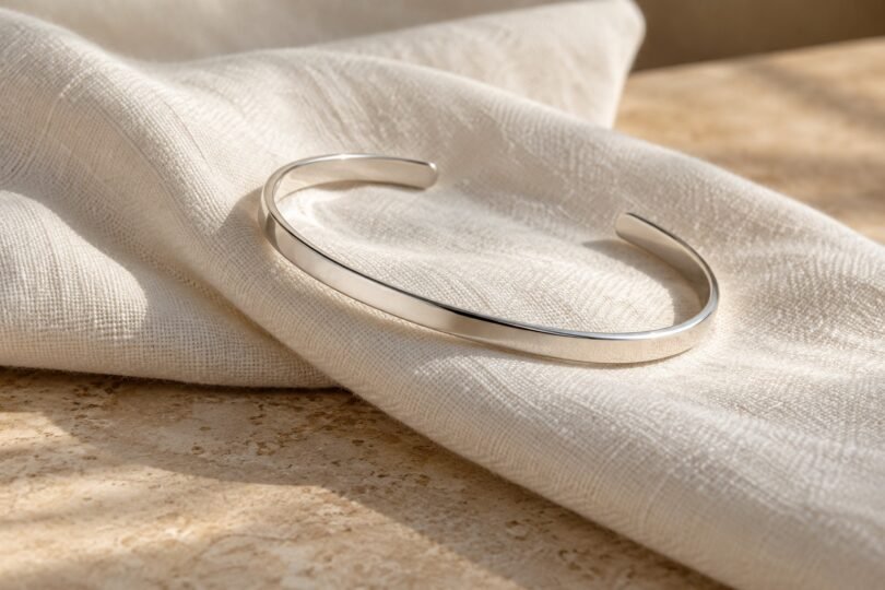 A plain silver-tone open cuff bracelet resting on folded ivory linen.