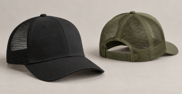 Illustration of black and olive mesh-back trucker hats with adjustable closures