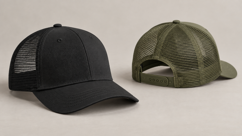 Illustration of black and olive mesh-back trucker hats with adjustable closures