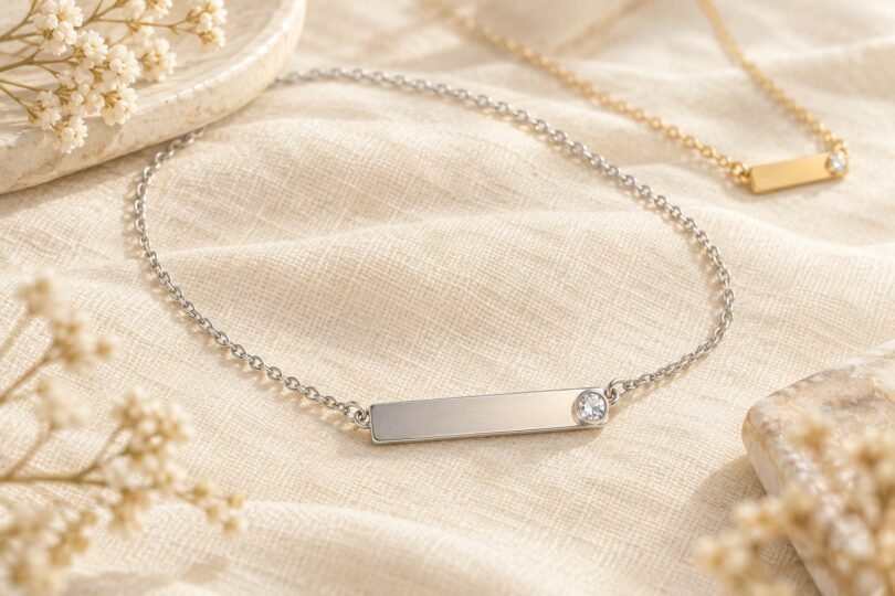 Illustration of blank silver-tone and gold-tone necklace pendants with clear crystal accents on ivory linen.