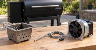 Generic pellet grill parts, including a burn pot, unplugged probe, and fan, arranged on an outdoor workbench.
