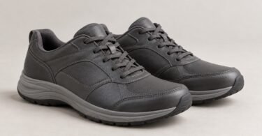 A pair of unbranded gray lace-up walking shoes on a neutral background