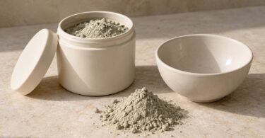 Unlabeled container of gray-green clay powder beside an empty mixing bowl and a small mound of powder