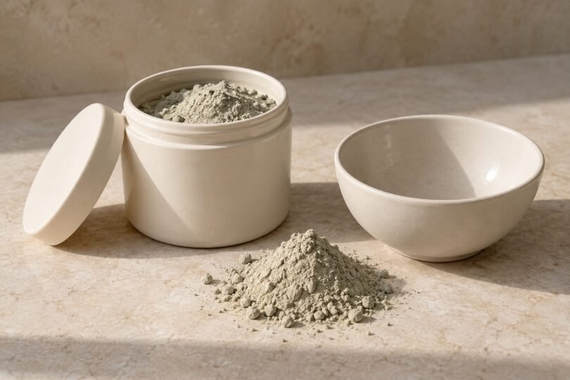Unlabeled container of gray-green clay powder beside an empty mixing bowl and a small mound of powder