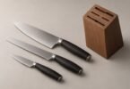 Illustration of unbranded kitchen knives beside a wooden storage block.