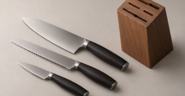 Illustration of unbranded kitchen knives beside a wooden storage block.