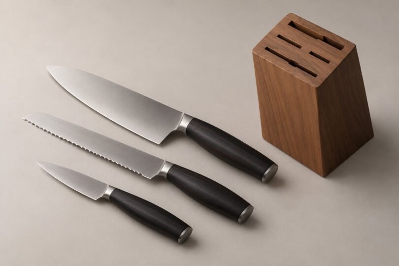 Illustration of unbranded kitchen knives beside a wooden storage block.