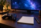 An unbranded game controller, blank notebook and pen on a desk beside a monitor showing abstract stars.