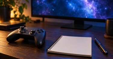 An unbranded game controller, blank notebook and pen on a desk beside a monitor showing abstract stars.