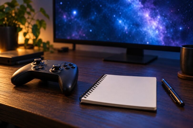 An unbranded game controller, blank notebook and pen on a desk beside a monitor showing abstract stars.