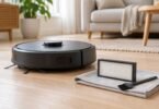 A generic unbranded robot vacuum beside a separate pleated filter and dry cleaning brush on a folded cloth.