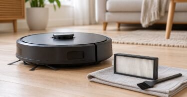 A generic unbranded robot vacuum beside a separate pleated filter and dry cleaning brush on a folded cloth.