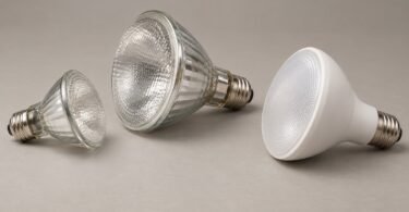 Three unbranded reflector light bulbs with screw bases on a neutral surface