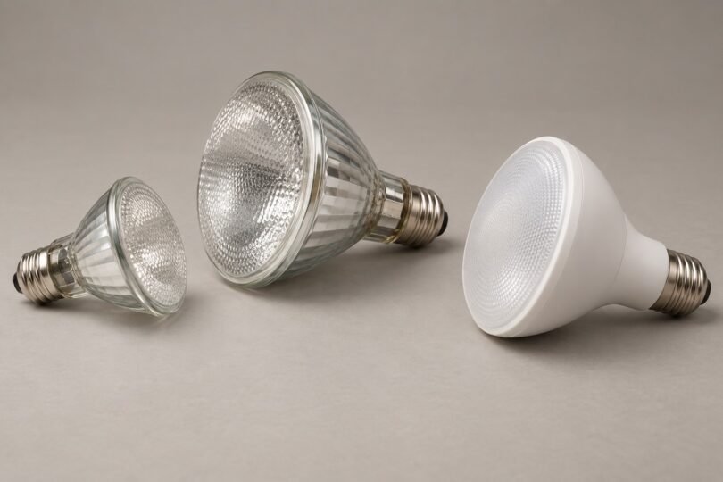 Three unbranded reflector light bulbs with screw bases on a neutral surface