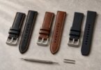 Illustration of three unbranded leather and silicone watch straps with a spring-bar tool on a light stone surface.