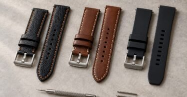 Illustration of three unbranded leather and silicone watch straps with a spring-bar tool on a light stone surface.