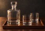 Illustrative still life of an empty plain glass decanter and two empty tumblers on a wooden tray.