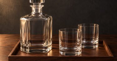 Illustrative still life of an empty plain glass decanter and two empty tumblers on a wooden tray.